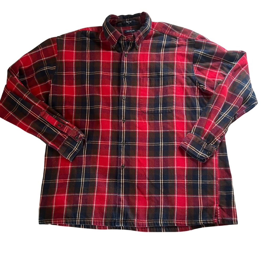 VTG 90s Nautica Red Plaid Flannel Button Down Shirt Cotton Mens XL Christmas